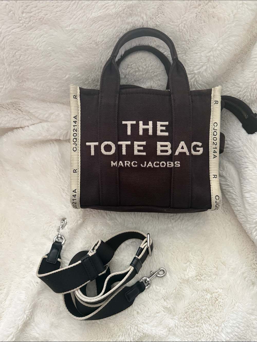 Marc Jacobs Black Canvas 'The Tote Bag' Mini Tote with Cream/ grey  Trim